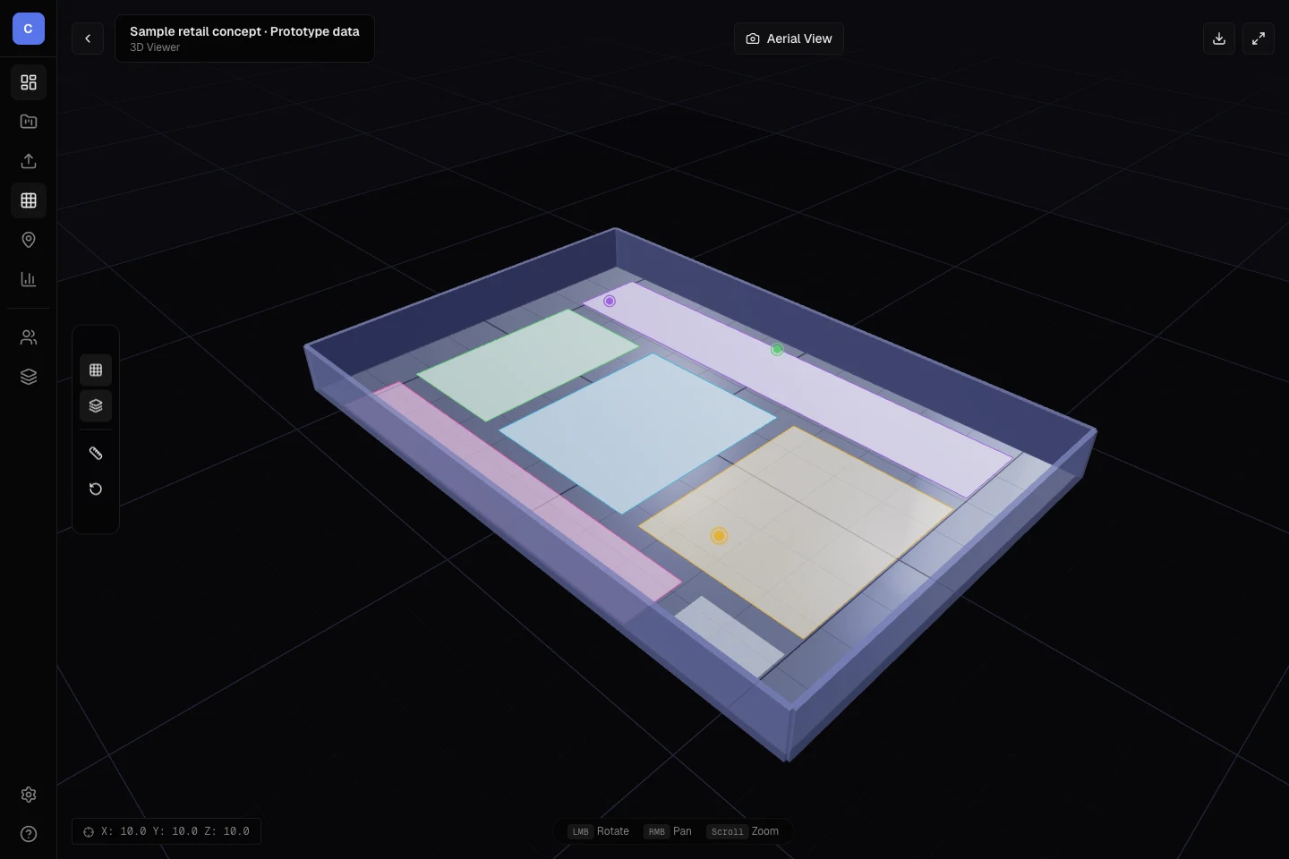 Cadence 3D viewer showing an aerial view of a sample retail space with colored floor zones and surrounding walls.