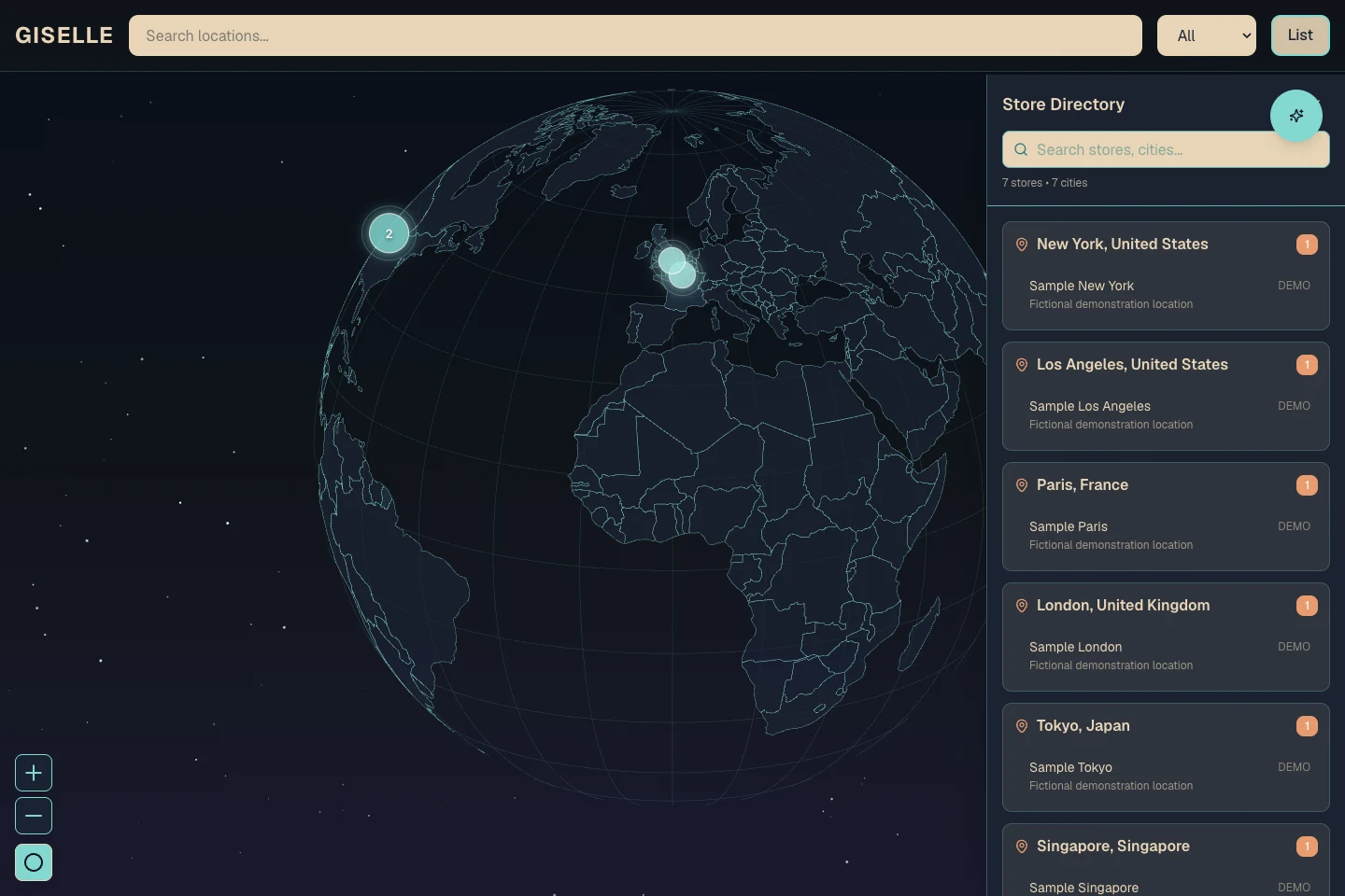 Giselle interactive globe beside its store directory, showing seven fictional sample locations across cities including New York, Paris, and Tokyo.