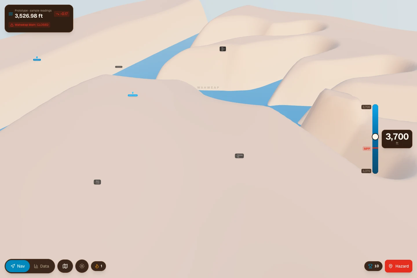 The same Lake Powell prototype view after the native slider is raised to 3,700 feet, exposing a wider blue water area between the terrain forms.