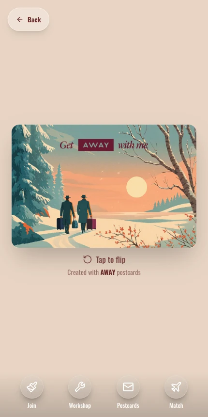 AWAY digital postcard preview with two travelers in an illustrated winter landscape and a Tap to flip control.