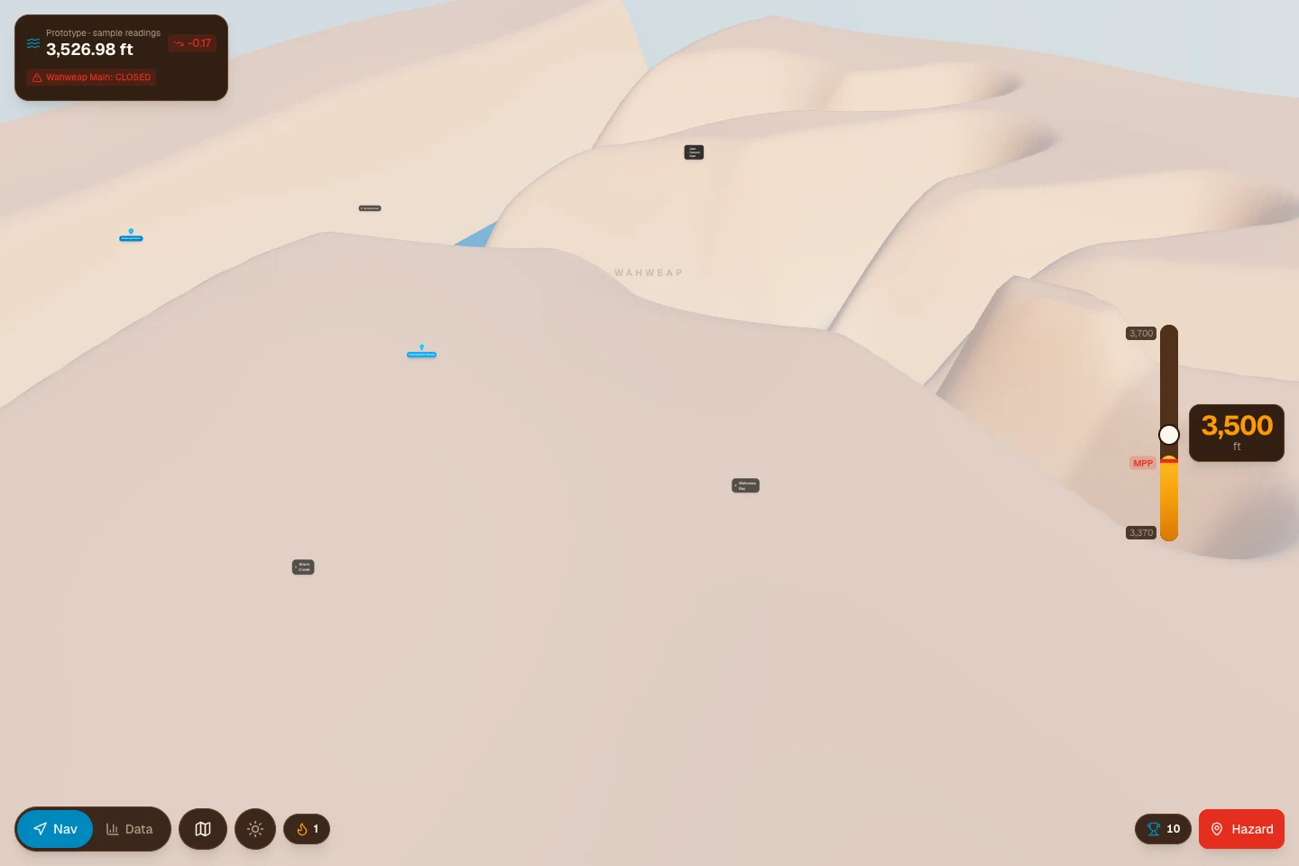 Lake Powell prototype showing its procedural terrain at a sample water setting of 3,500 feet, with a narrow visible blue water area.