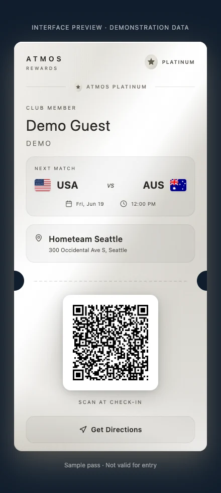 Atmos Rewards Platinum guest pass showing Demo Guest, USA versus Australia, HOMETEAM Seattle and a demonstration check-in code.