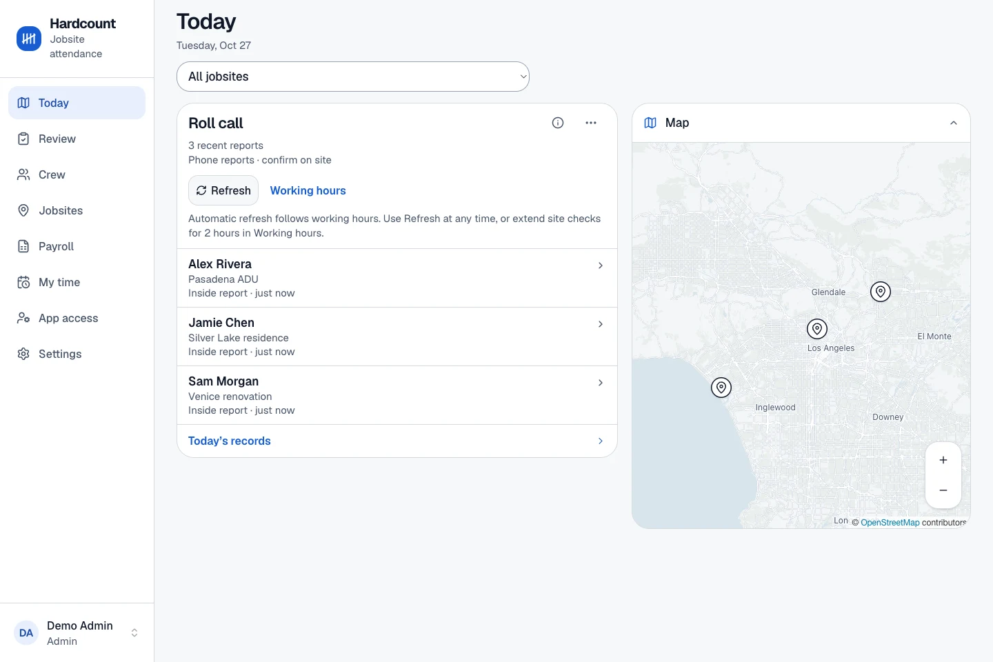 Hardcount Today console with a fully loaded Los Angeles jobsite map, three site pins and a crew report list, using fictional crew and jobsites.