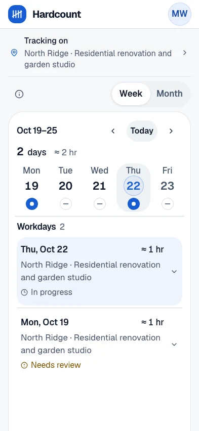Hardcount worker app with tracking on, a weekly calendar and workdays at a fictional North Ridge jobsite.