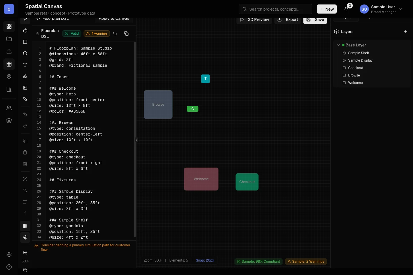 Cadence prototype: a sample floorplan description beside the five spatial elements created by Apply to Canvas, with the matching Layers list.