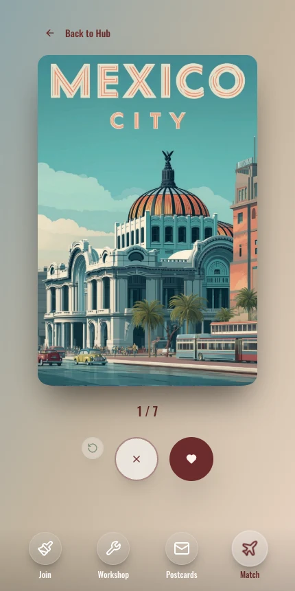 WanderMatch mobile screen with an illustrated Mexico City destination card, skip and like controls, and progress through seven destinations.